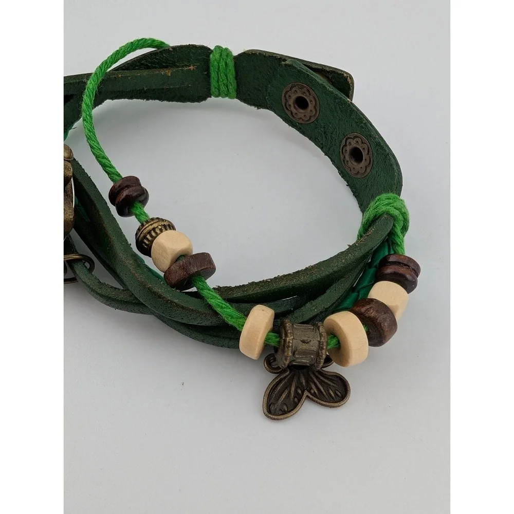 Multi Layer Braided‎ Leather Wrap Watch Charm Green Leather Band- New Battery
